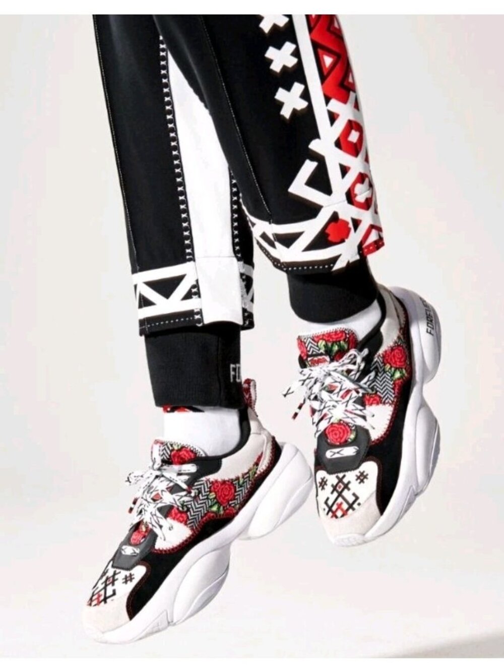 Puma White Black Red Floral Chunky Sneakers with Embroidered Roses